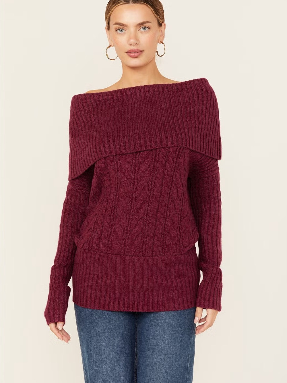 Shyanne Burgundy Off-Shoulder Cable Knit Sweater